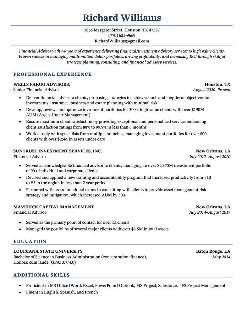 An example of a simple resume template for Microsoft Word