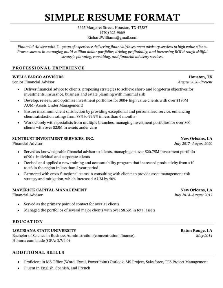 Simple resume format that follows a traditional structure and layout in all black.