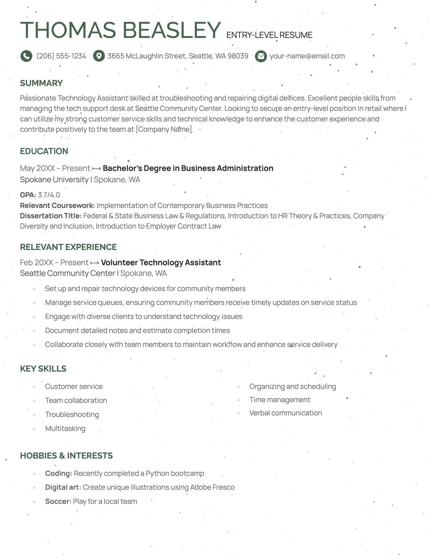 Single column entry-level resume template.