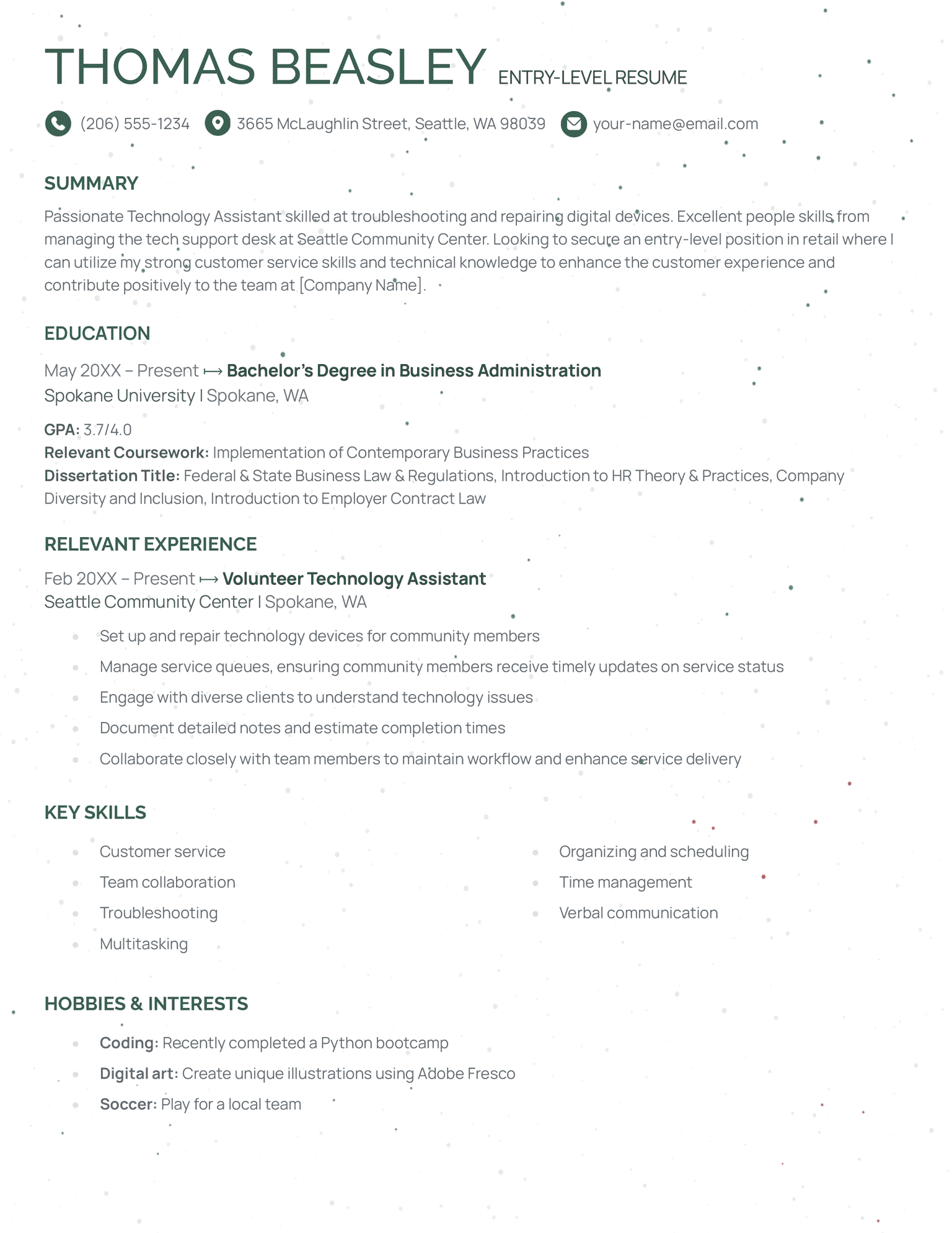 Green Single Column Resume Template
