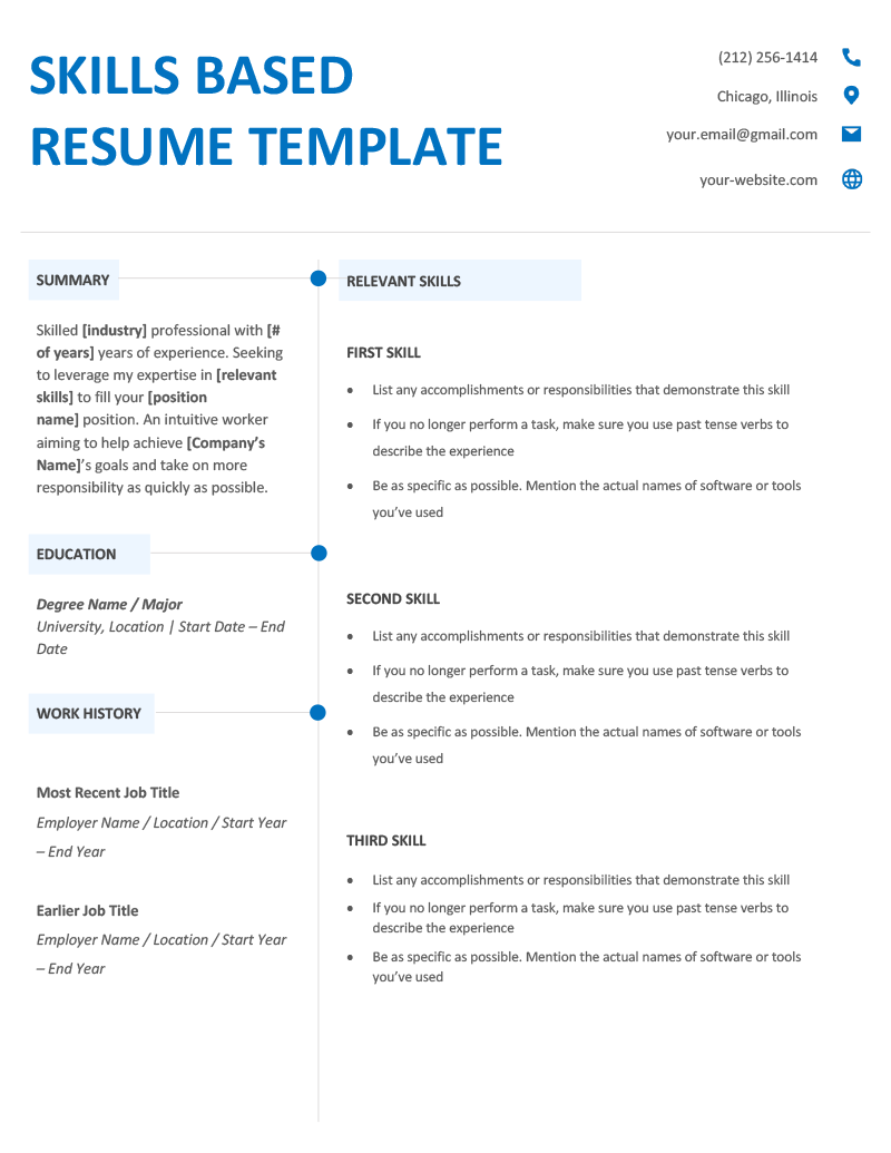 A template for a skills based resume featuring minimal dark and light blue design elements