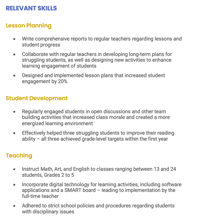 An example of the skills section from a skills based resume for a substitute teacher
