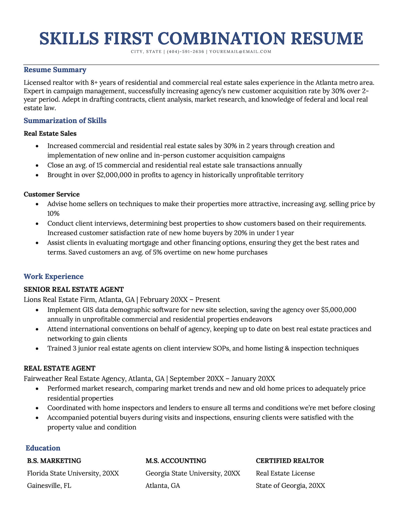 An example of a skills-first combination (hybrid) resume.