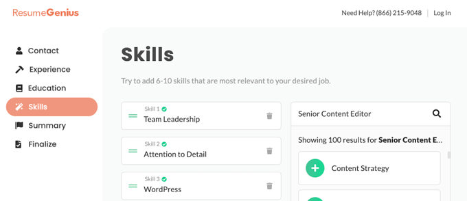 A screenshot from the Resume Genius resume generator where you add relevant skills