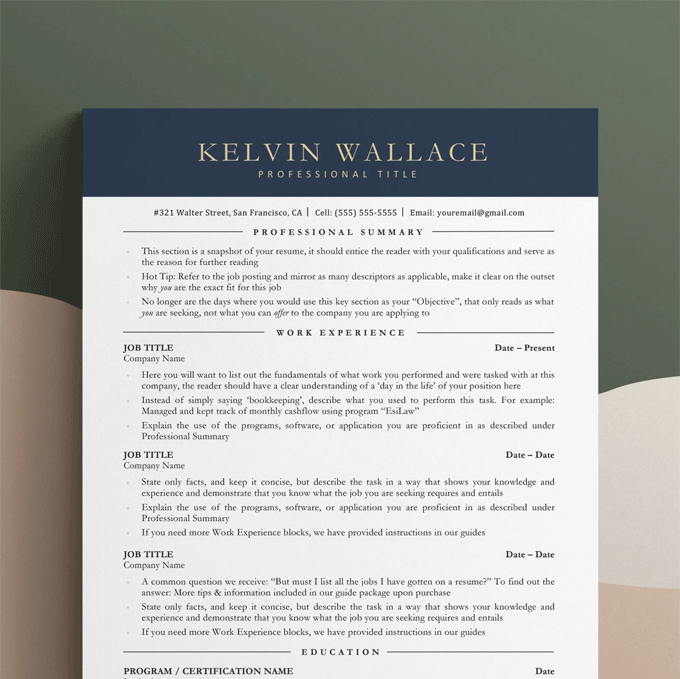A resume with a blue header with gold text.