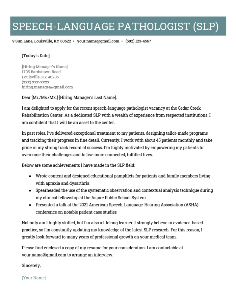 SLP Cover Letter Example 19 Skills To List   Slp Cover Letter Example 791x1024 