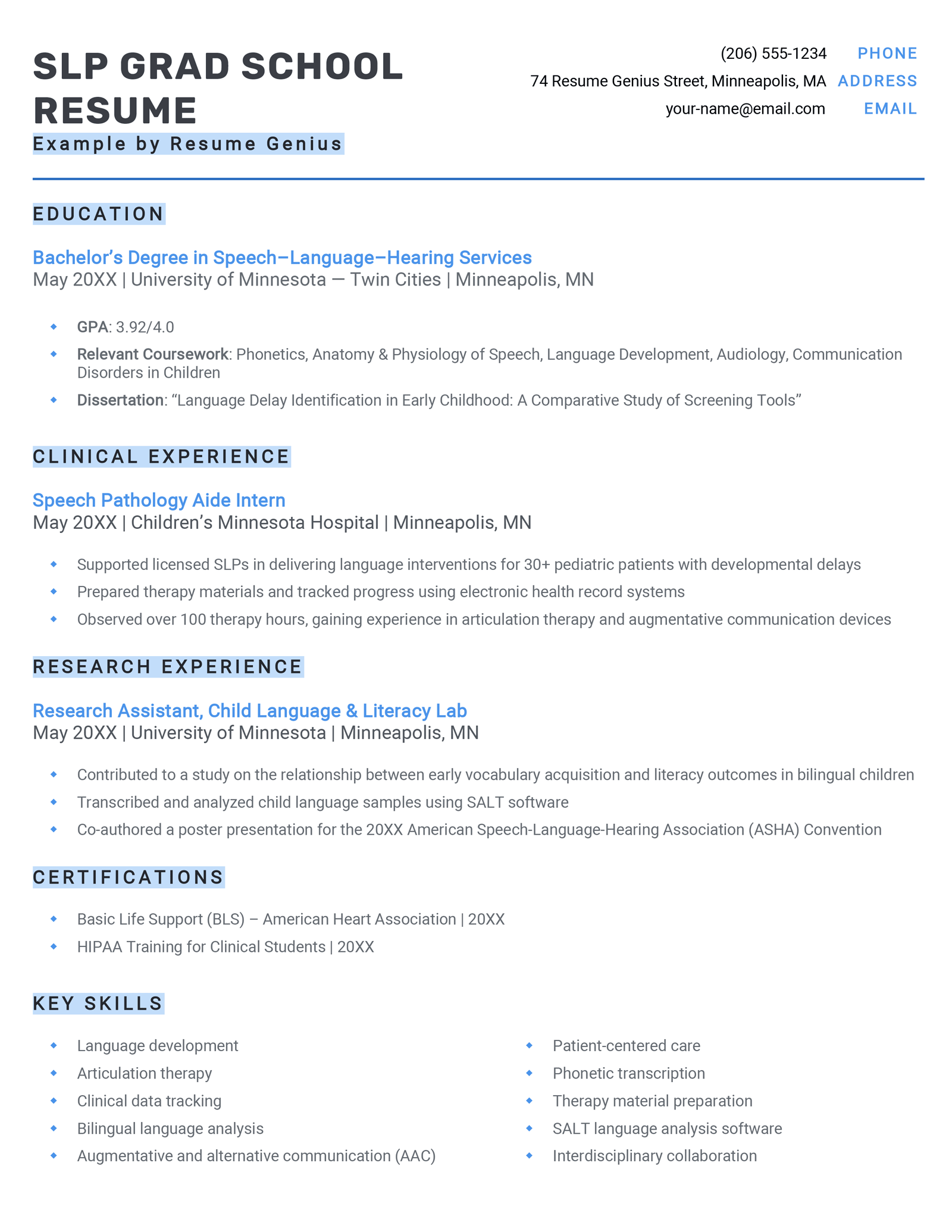 An SLP grad school resume example.