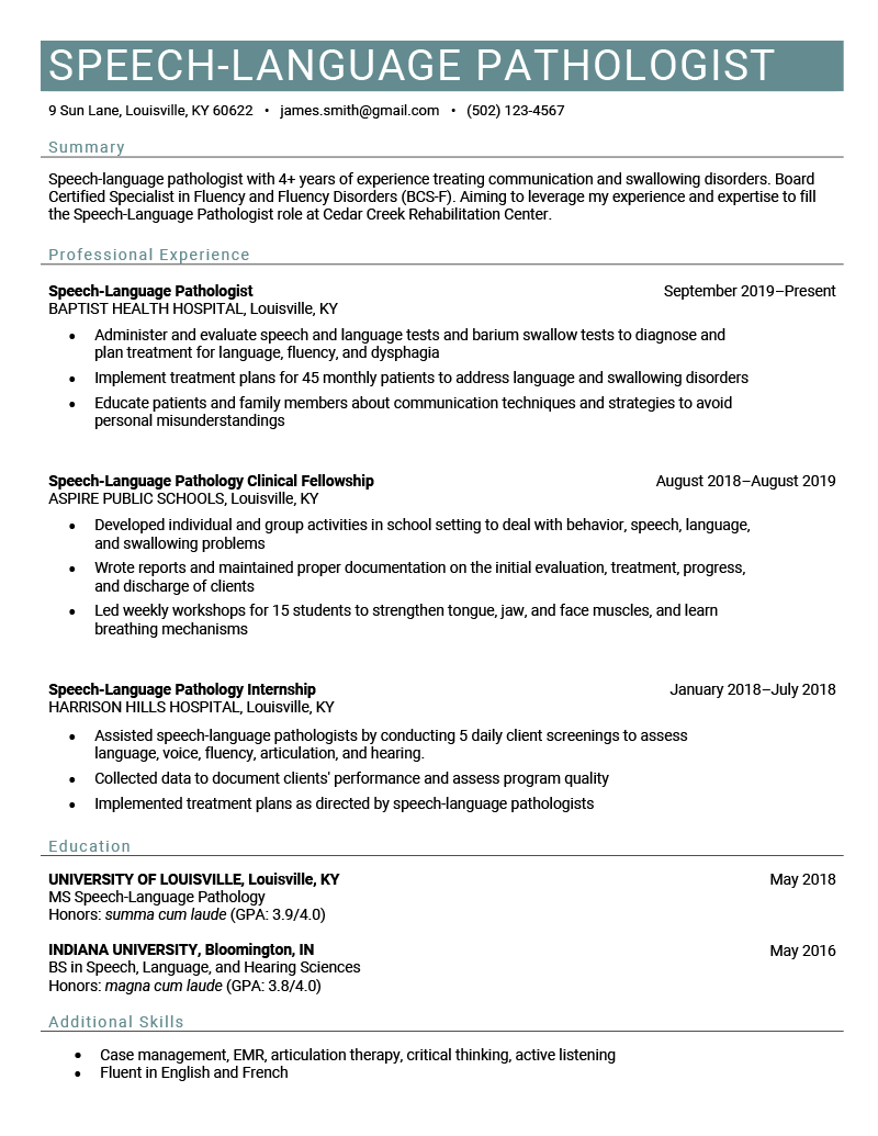 A speech pathologist (slp) resume example on a template with four sections including the applicant's summary, professional experience, educational background, and additional skills