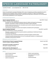 A speech pathologist (slp) resume example on a template with four sections including the applicant's summary, professional experience, education and certifications, and skills