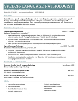 A speech pathologist (slp) resume example on a template with four sections including the applicant's summary, professional experience, education and certifications, and skills