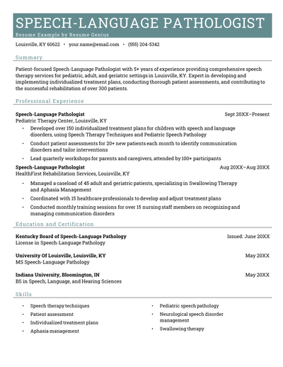 A speech pathologist (slp) resume example on a template with four sections including the applicant's summary, professional experience, education and certifications, and skills
