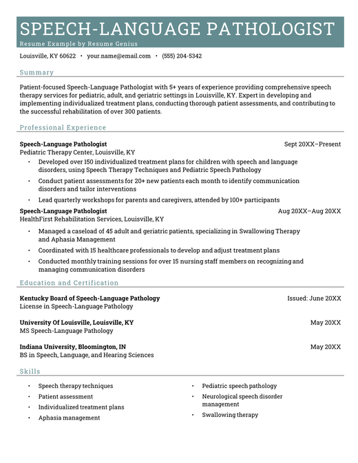 A speech pathologist (slp) resume example on a template with four sections including the applicant's summary, professional experience, education and certifications, and skills
