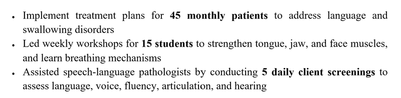 A speech language pathologist work experience section with hard numbers