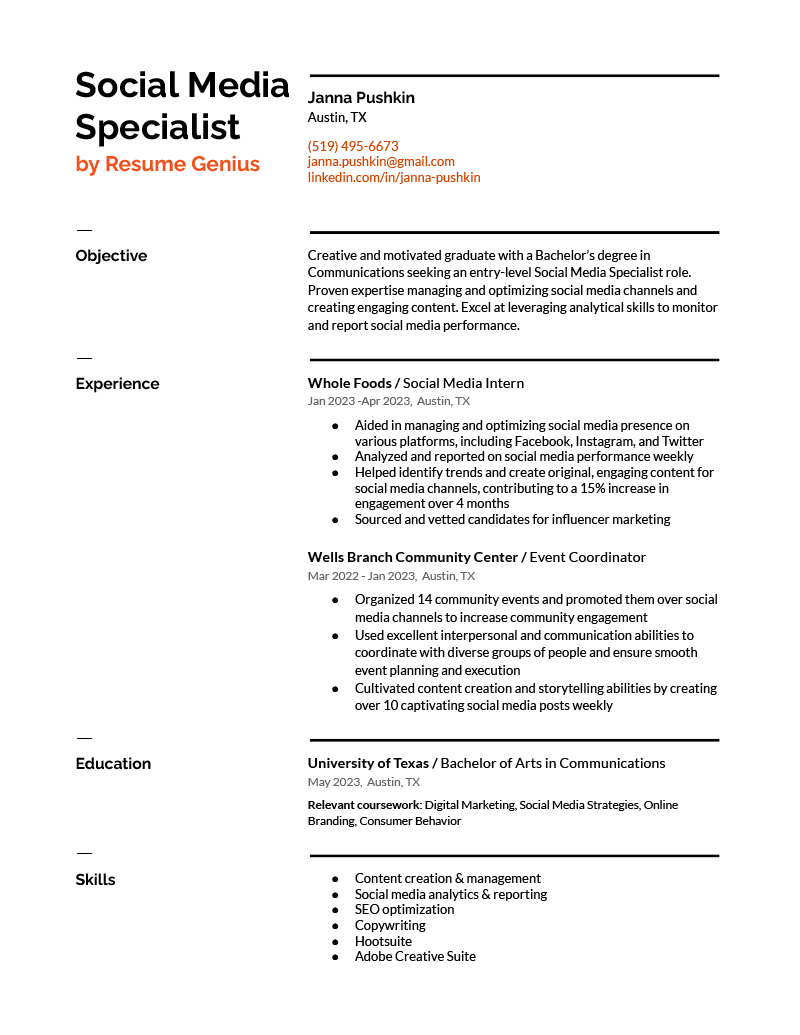 An example of a social media specialist resume on a simple template with a sans-serif font and orange text accents in the header.