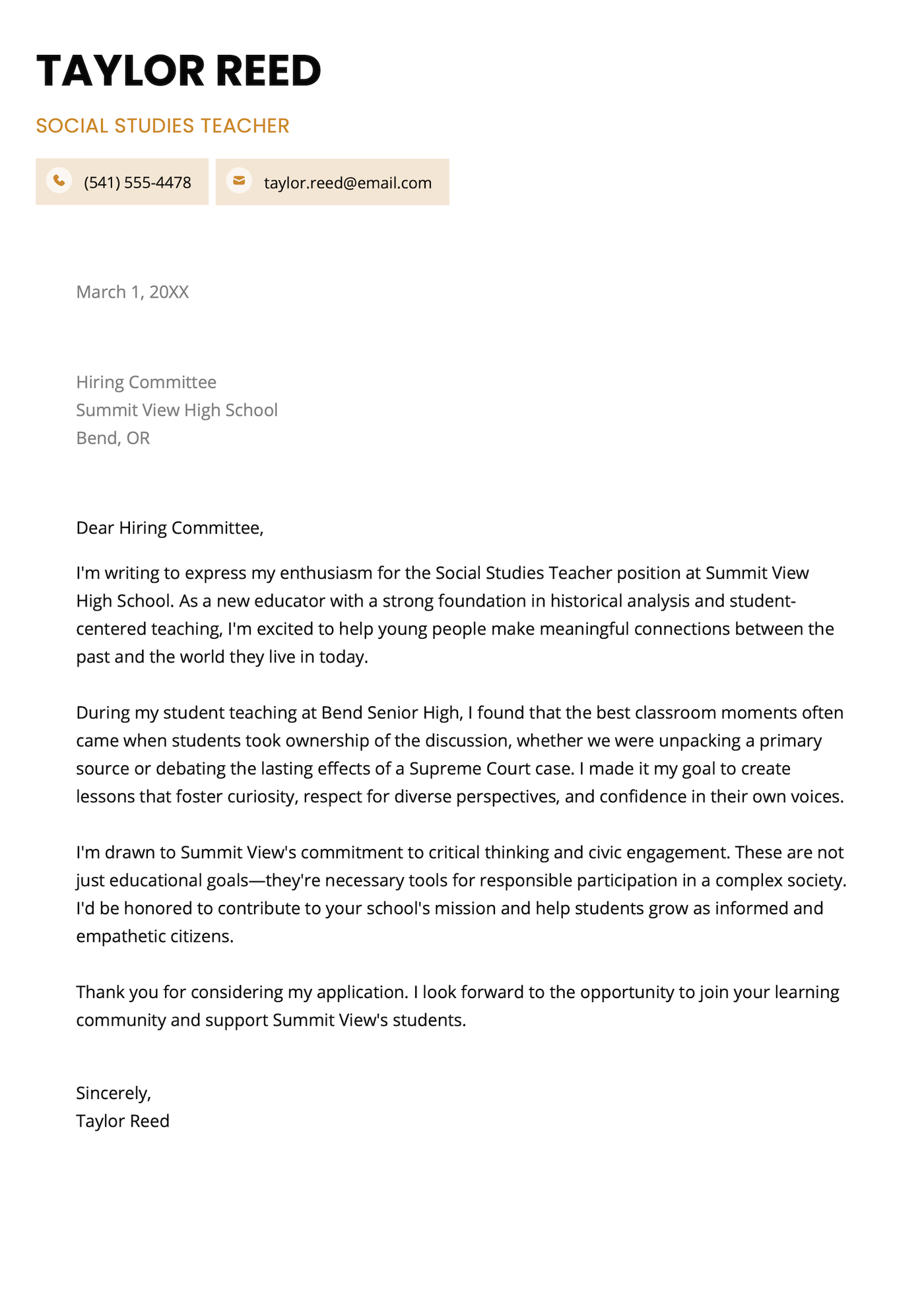 A social studies teacher cover letter example.