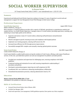 A social work supervisor resume example.