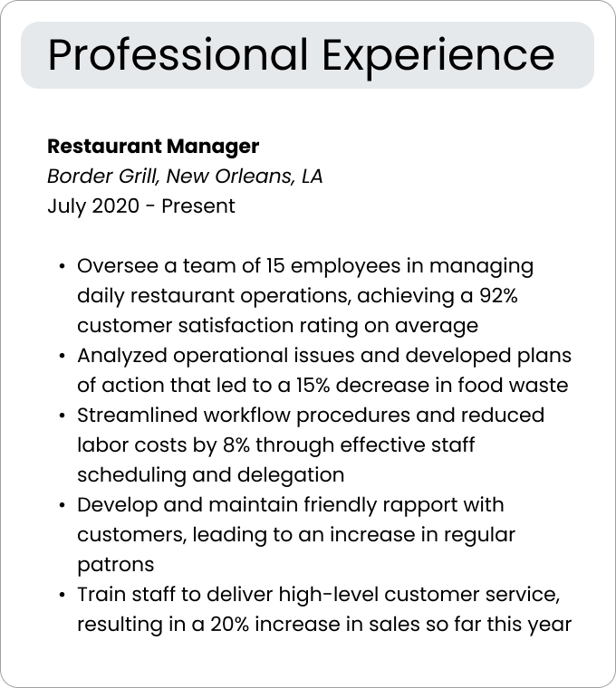 An example of the experience section of a resume showing good use of soft skills