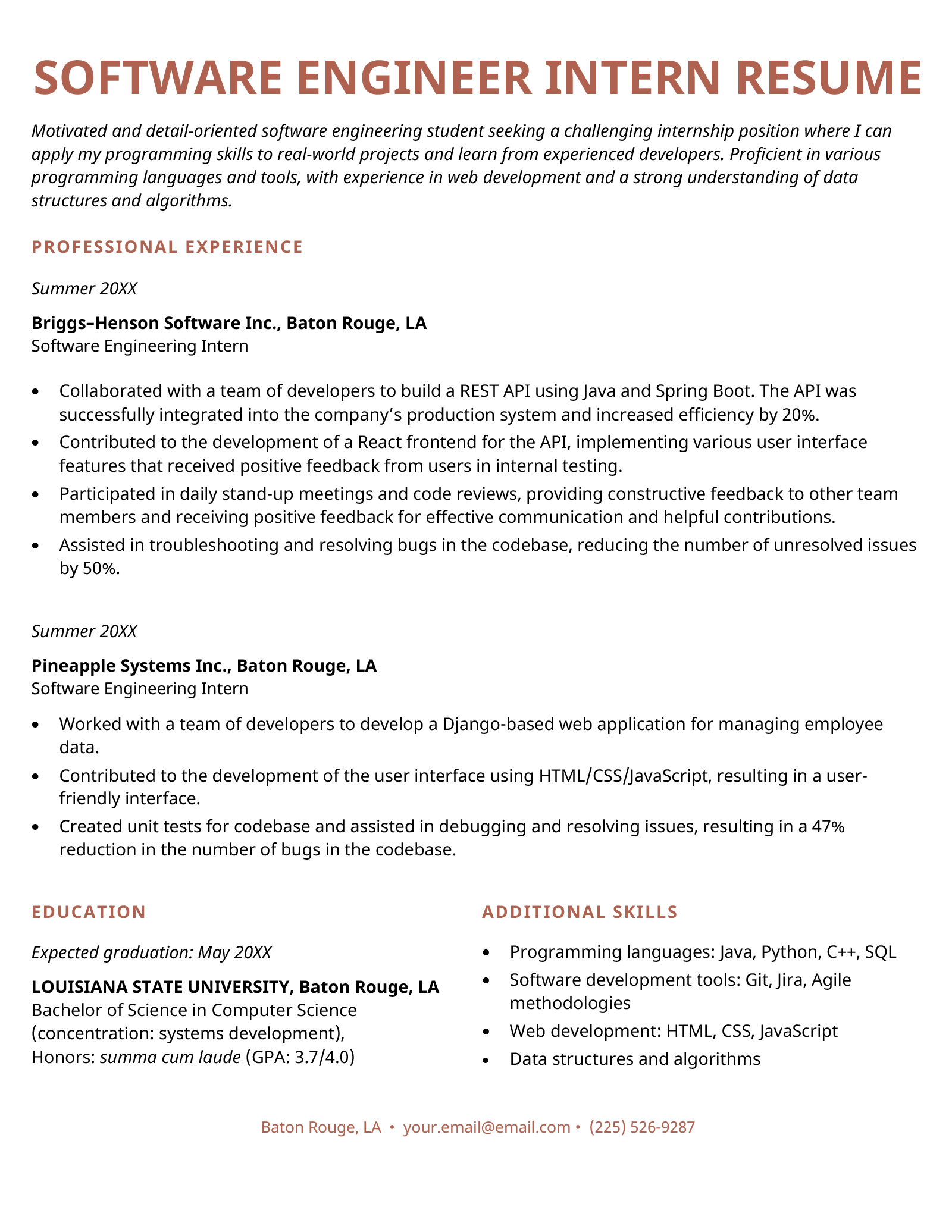 An example resume for a software engineering internship.