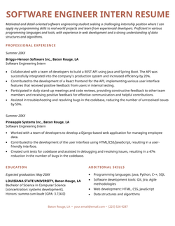 An example resume for a software engineering internship.