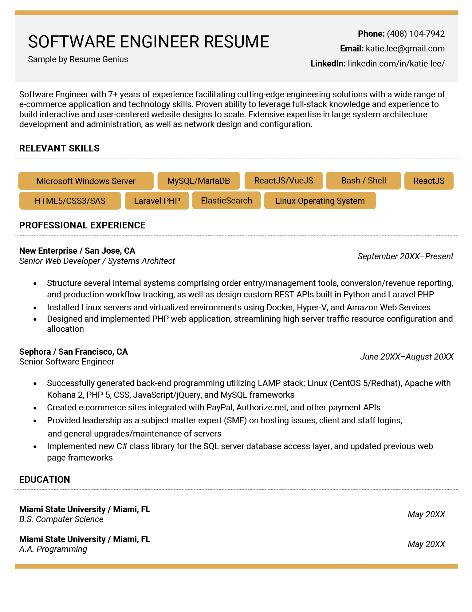 Software engineer resume example using a sleek yellow design