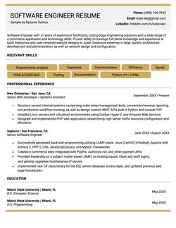 An example of a software engineer resume featuring gray and yellow accents