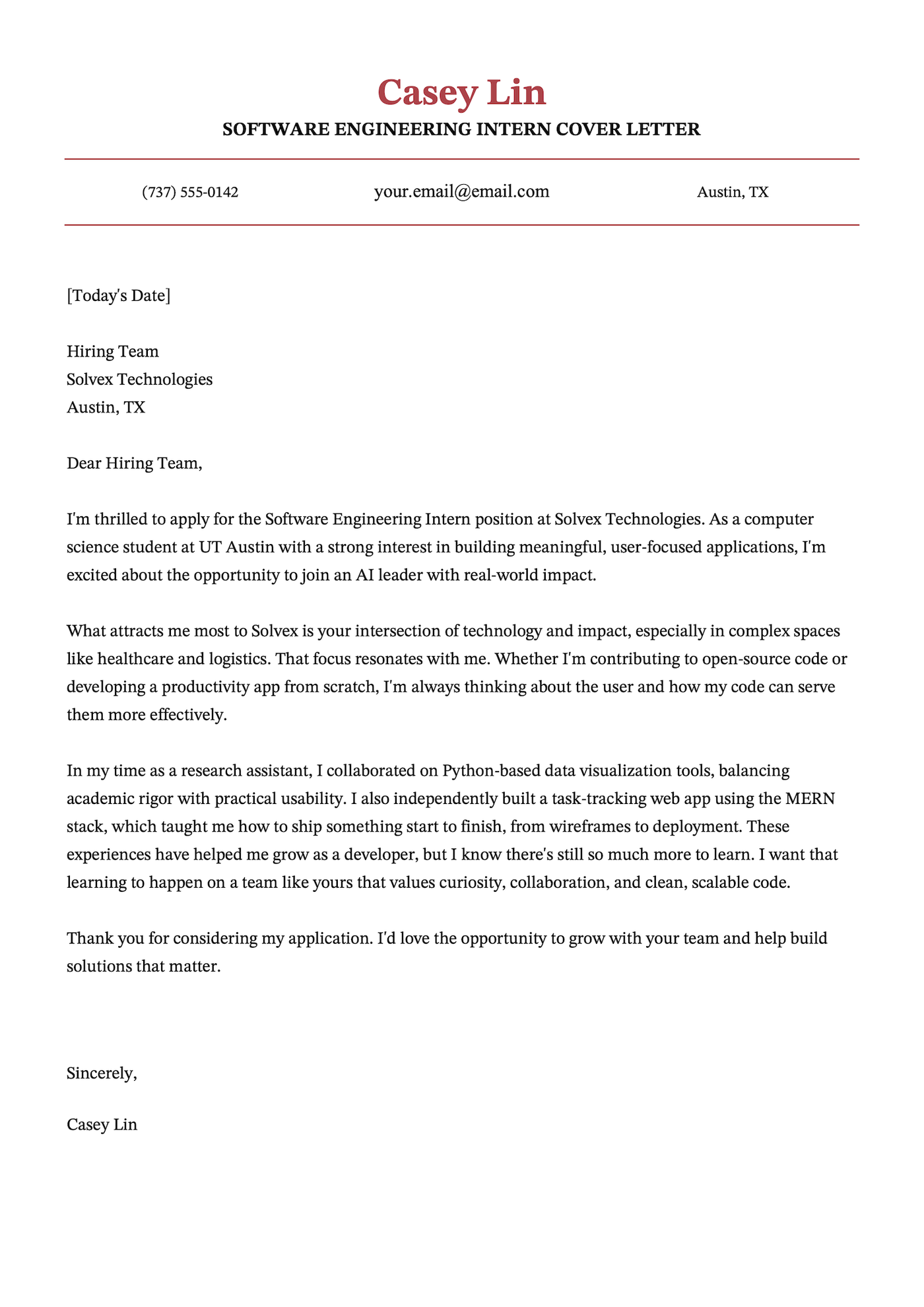 A cover letter example for a software engineering internship.