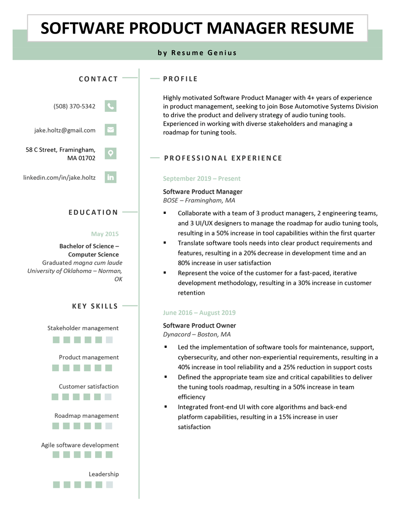 example of a software product manager two-column resume with light green header and icons