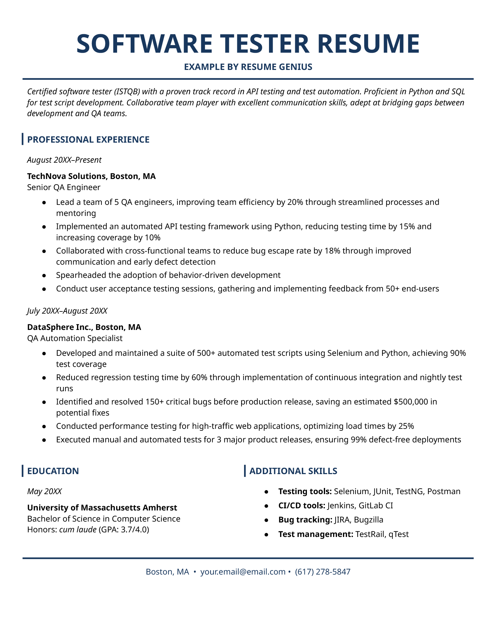 An example resume for a software tester.