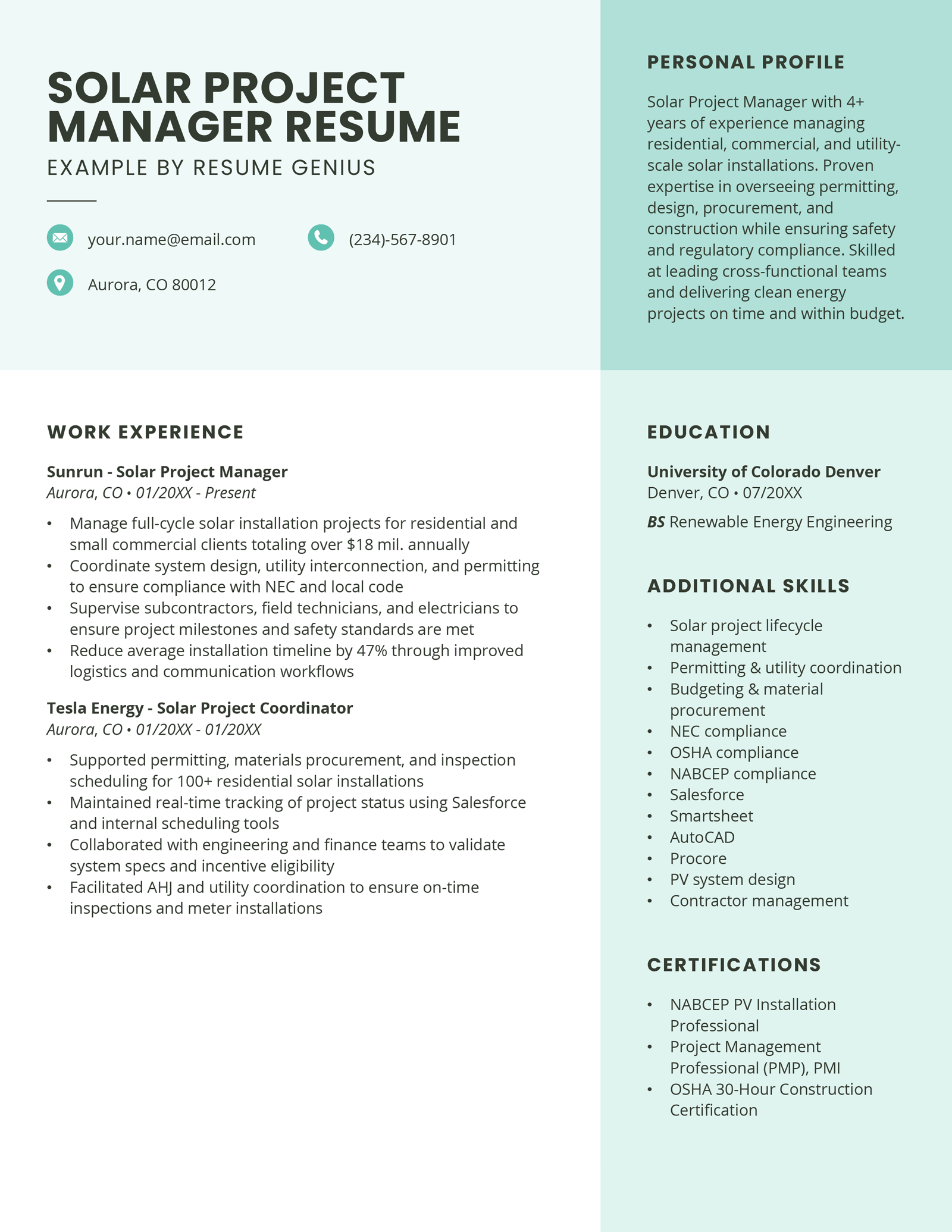 A solar project manager resume example.