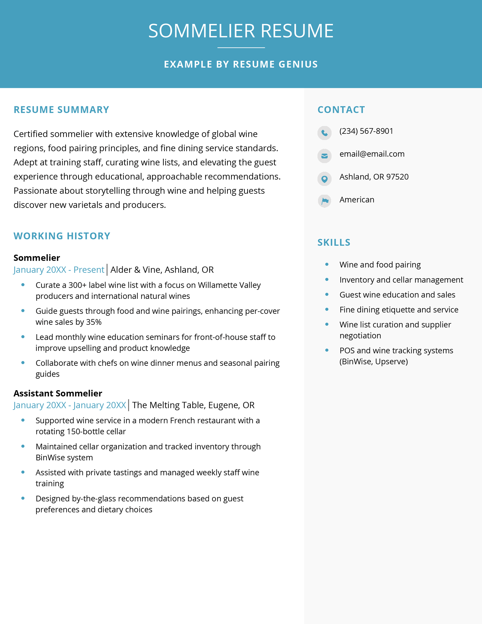 A sommelier resume example.
