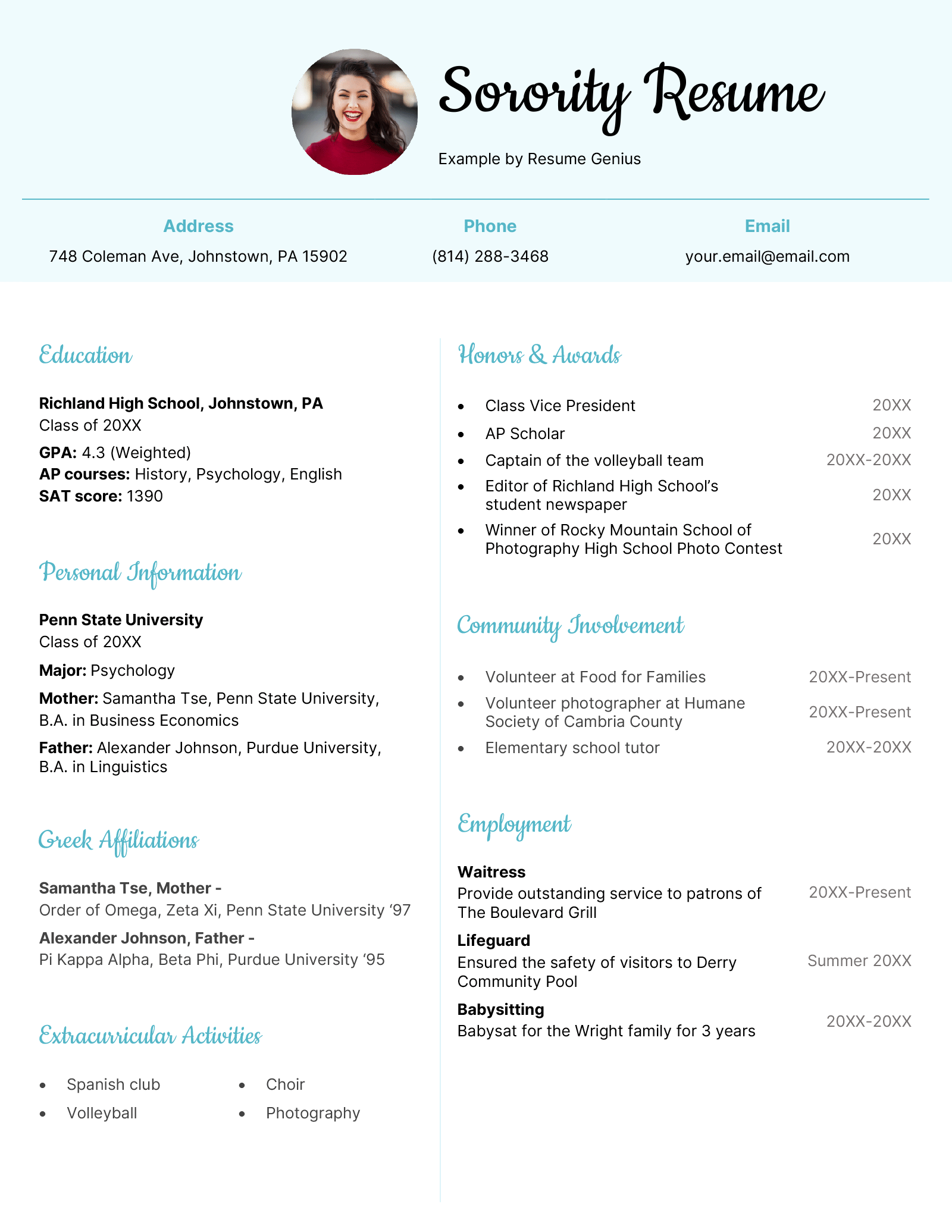 A good sorority resume example for sorority rush