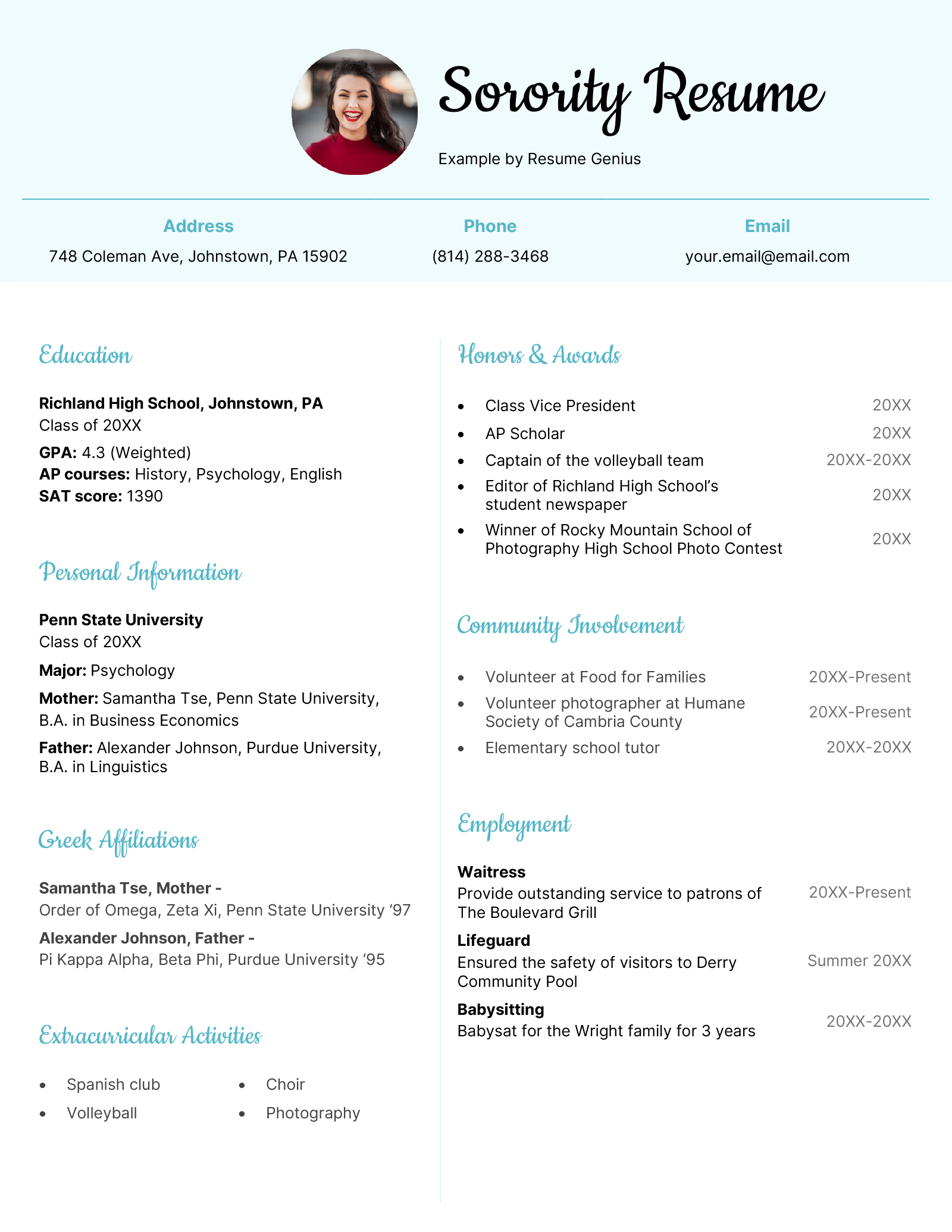 An example of a sorority resume.