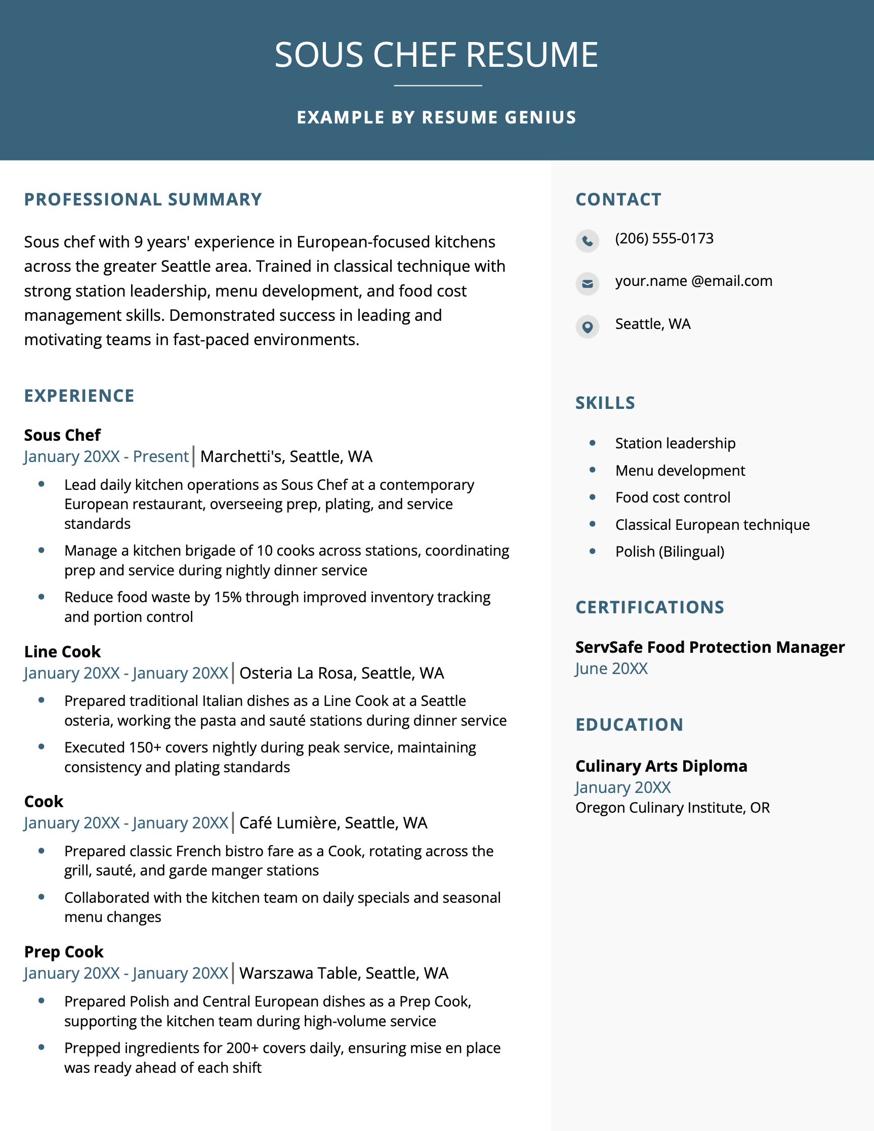 An example sous chef resume with relevant work history and achievements
