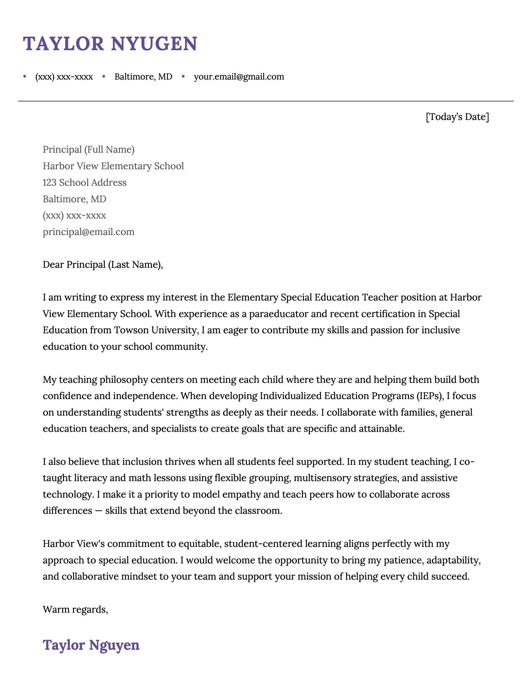 An elementary teacher cover letter for a special education teacher job.
