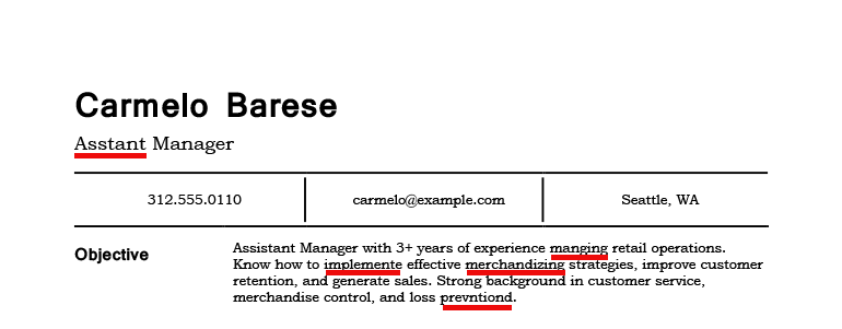 Example of a resume that includes spelling mistakes, including "asstant" instead of "assistant."