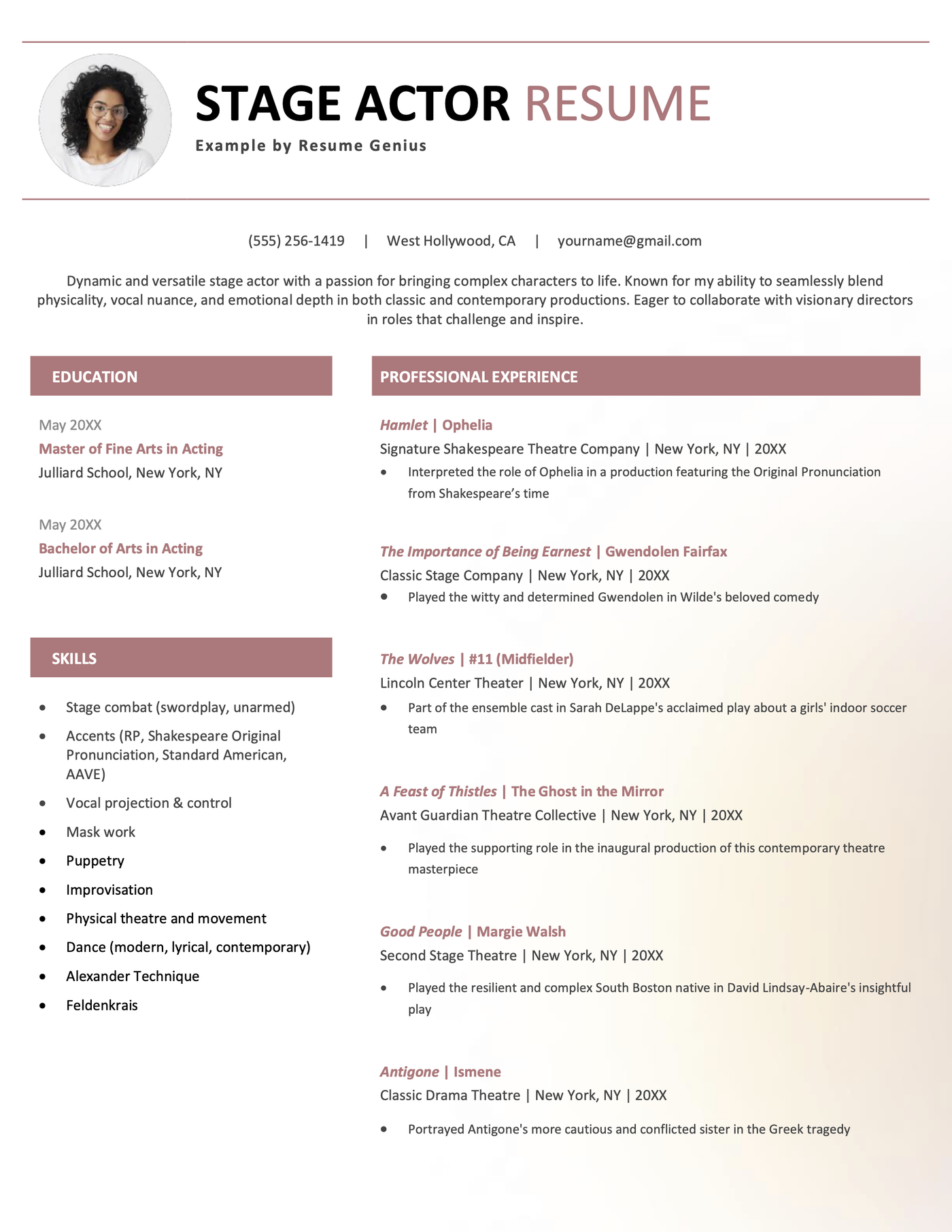 An example resume for a stage actor, showing acting credits and special skills