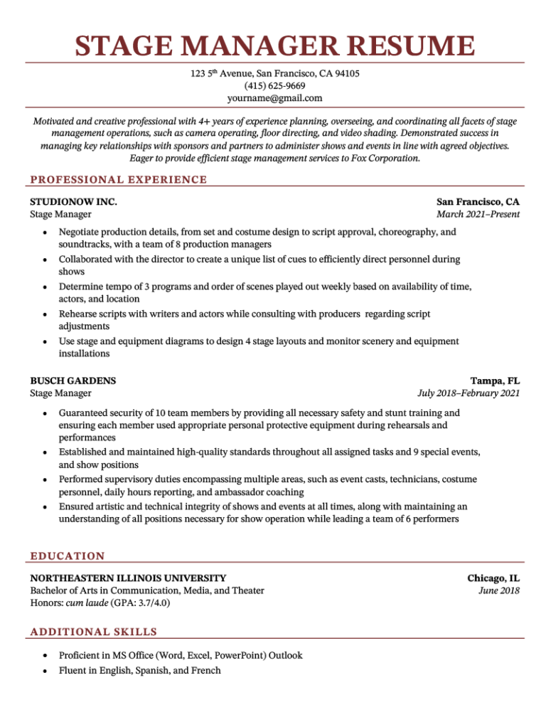 Stage Manager Resume Example & Template (Free Download)