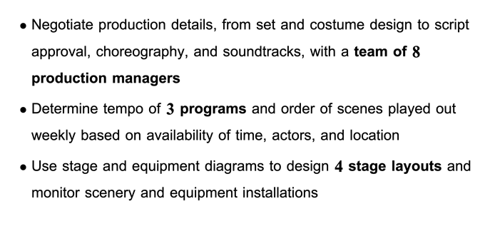 A stage manager resume's work experience section with three bullet points and bold text highlighting hard numbers