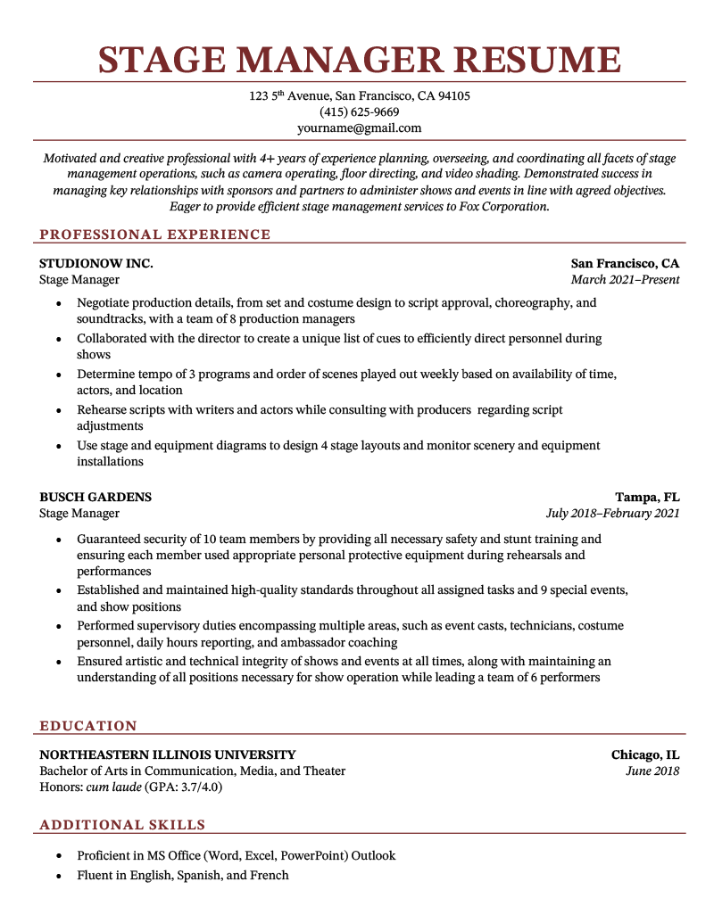 A stage manager resume example with red header text and sections for the applicant's resume summary, work experience, education, and skills