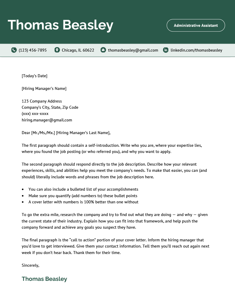 An example of the standard cover letter template for word