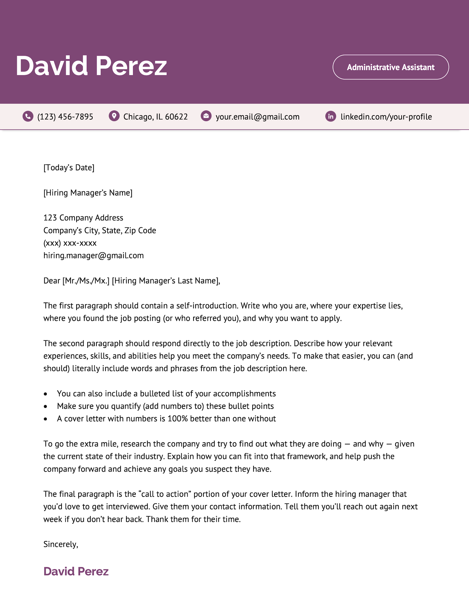 The Standard cover letter template in purple.