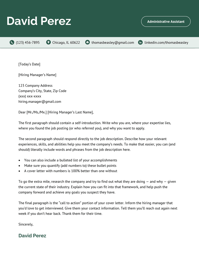 Our "Standard" cover letter template with a modern and simple green header.