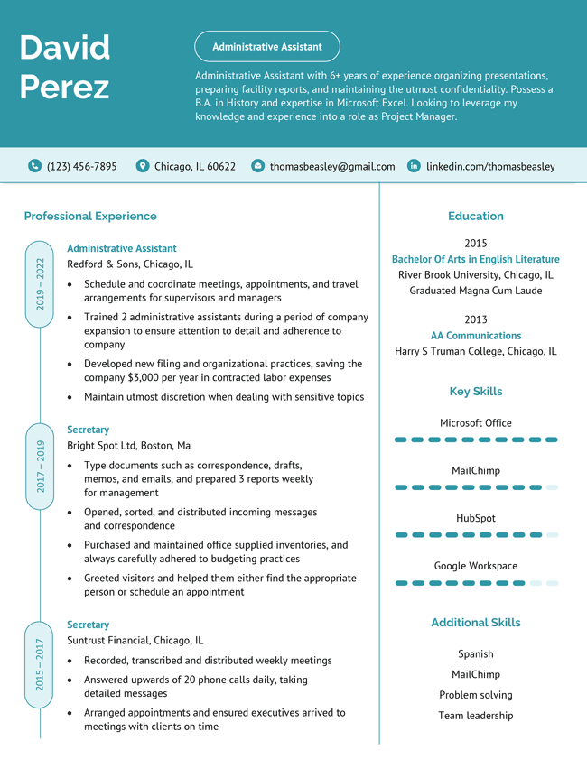 The "Standard" resume template in turquoise, with a bold header and unique skill bars