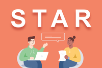 An interviewer and a job applicant sitting down for an interview with STAR written above them to demonstrate the job applicant using the STAR method to answer each interview question