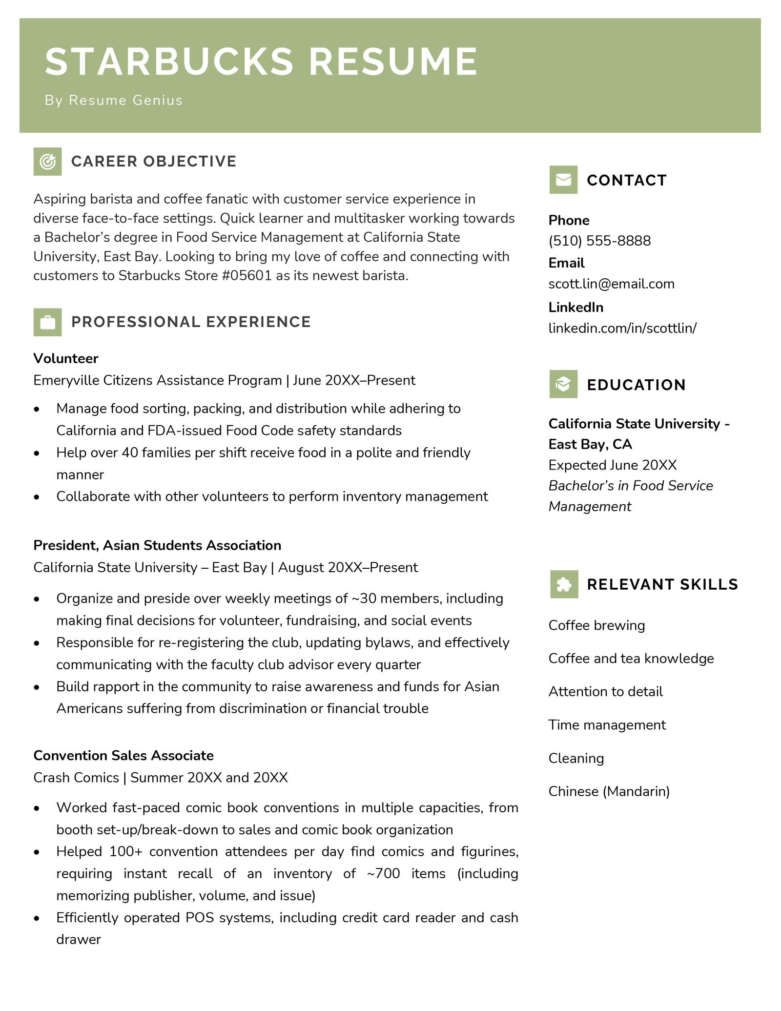 A Starbucks barista resume example with a long work experience section and resume icons following a color scheme.