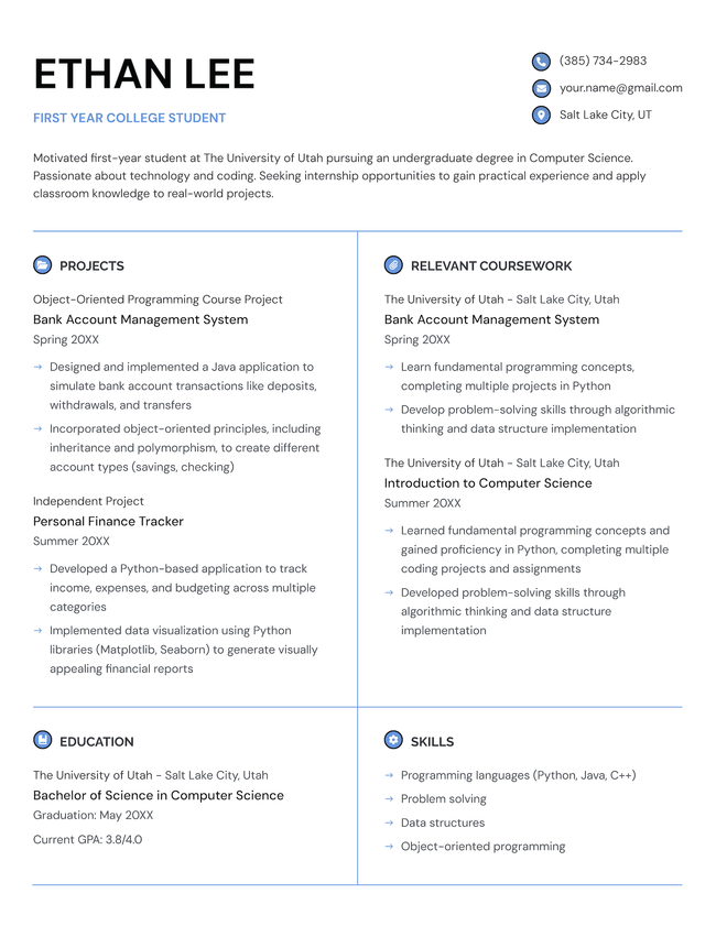 The Startup student resume template in blue.