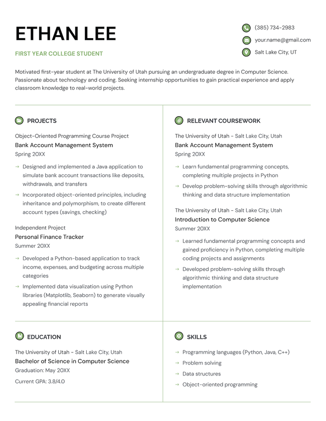 The Startup student resume template in green.
