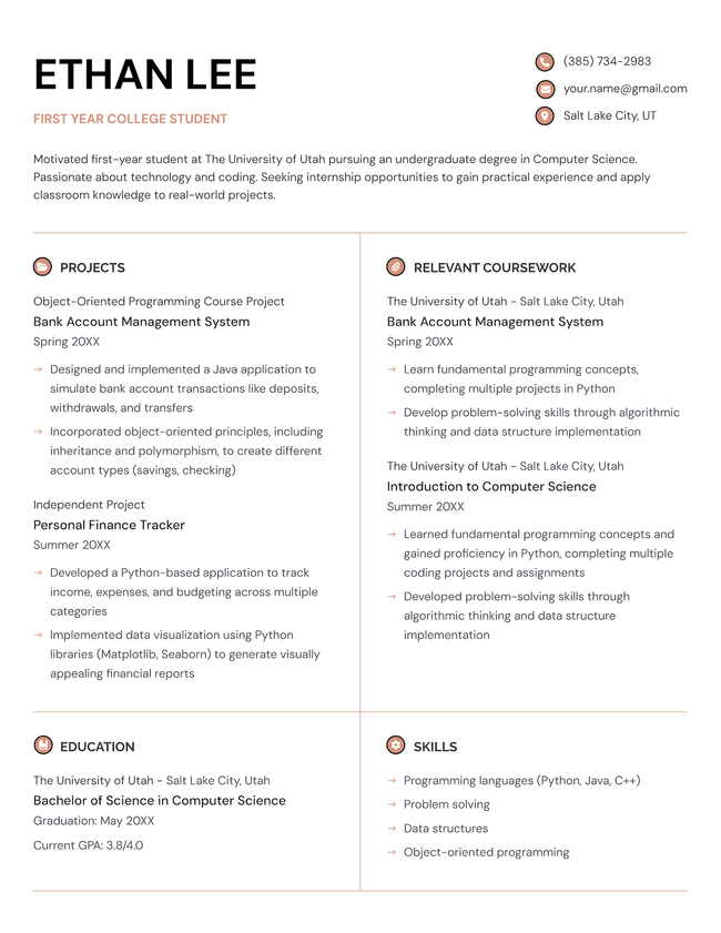 The Startup student resume template in orange.