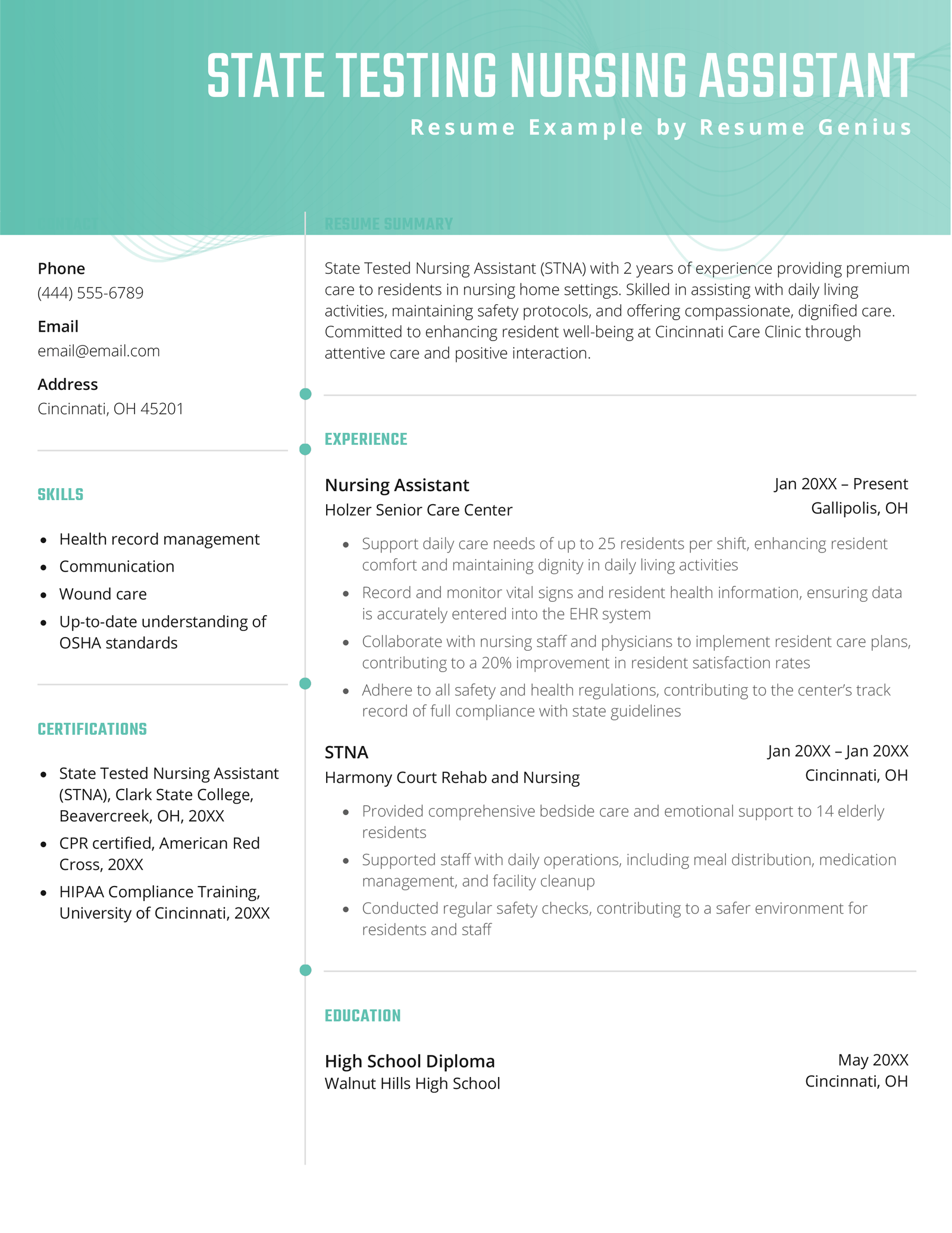 A state testing nursing assistant (STNA) resume example.