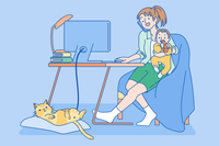 A graphic showing a stay-at-home mom working on her laptop while a child is playing in the background
